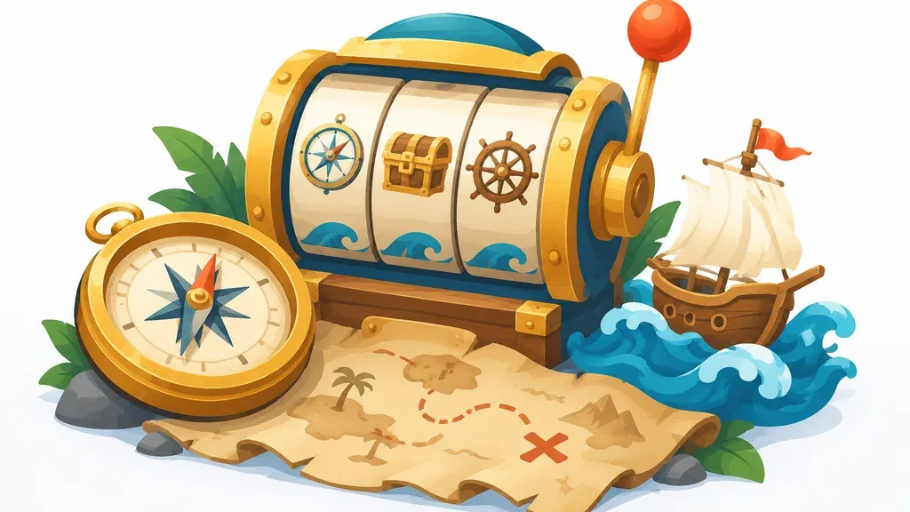 Isometric illustration of a treasure-map compass, ship and journey-themed slot machine reels