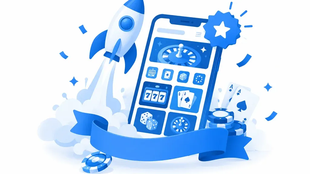 Isometric illustration of a newly launched online casino with a rocket and smartphone interface, representing new NZ casino platforms