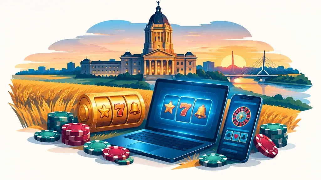 Manitoba no deposit bonus casinos hero illustration with prairie landscape and casino elements