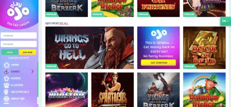 PlayOJO Casino bonus page screenshot