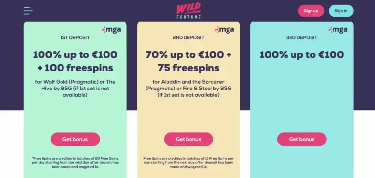 Wild Fortune Casino bonus page screenshot