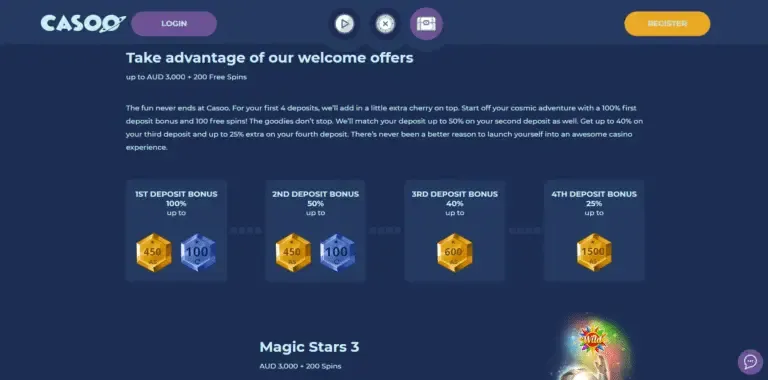 Casoo Casino bonus page screenshot