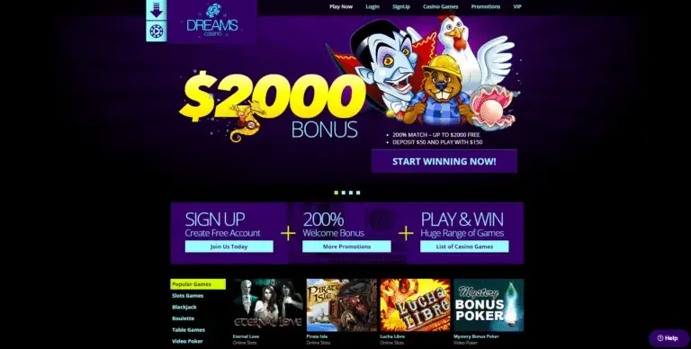 Dreams Casino bonus page screenshot