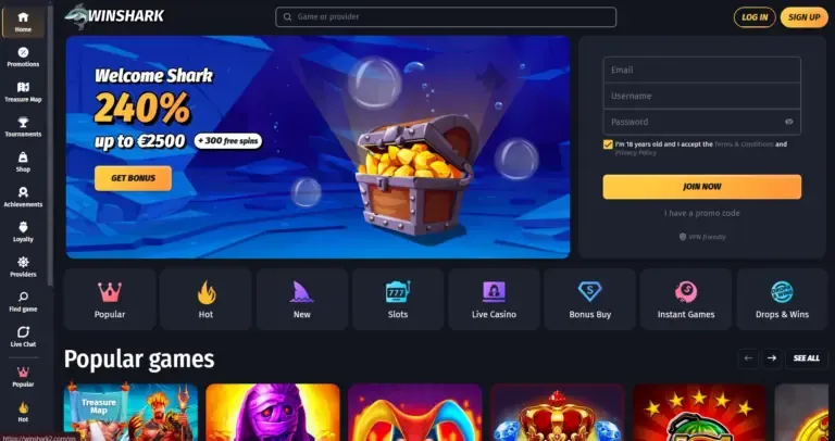 Winshark Casino bonus page screenshot