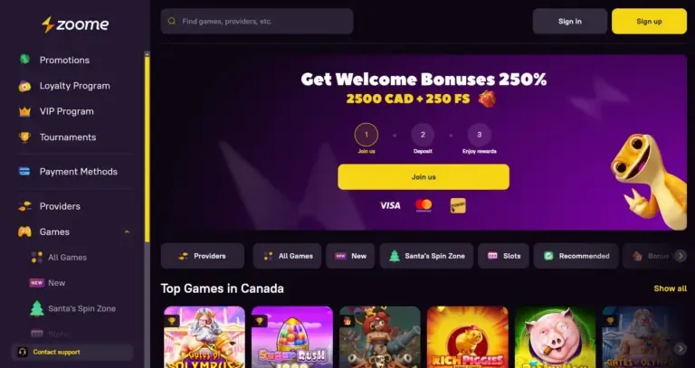 Zoome Casino bonus page screenshot