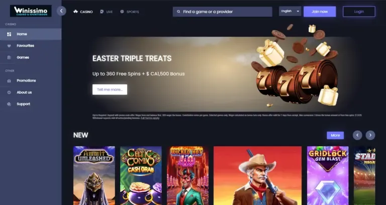Winissimo Casino bonus page screenshot