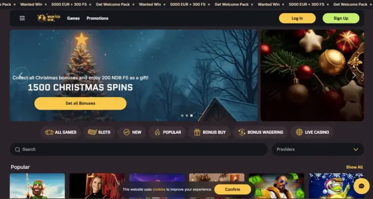 Wanted Win Casino bonus page screenshot