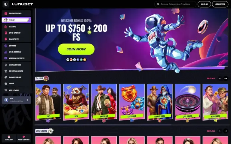 LunuBet Casino bonus page screenshot