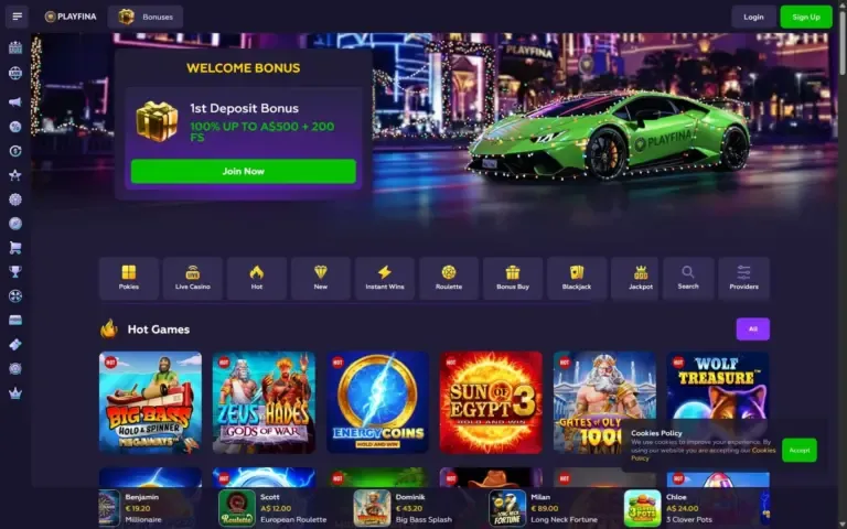 Playfina Casino bonus page screenshot