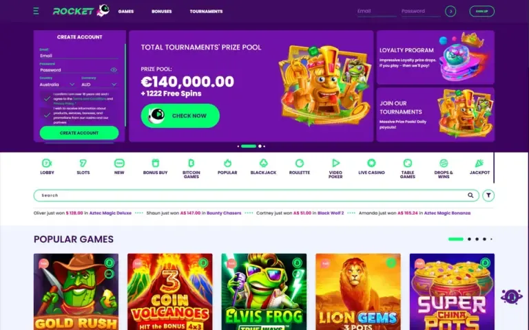 Rocket Casino bonus page screenshot