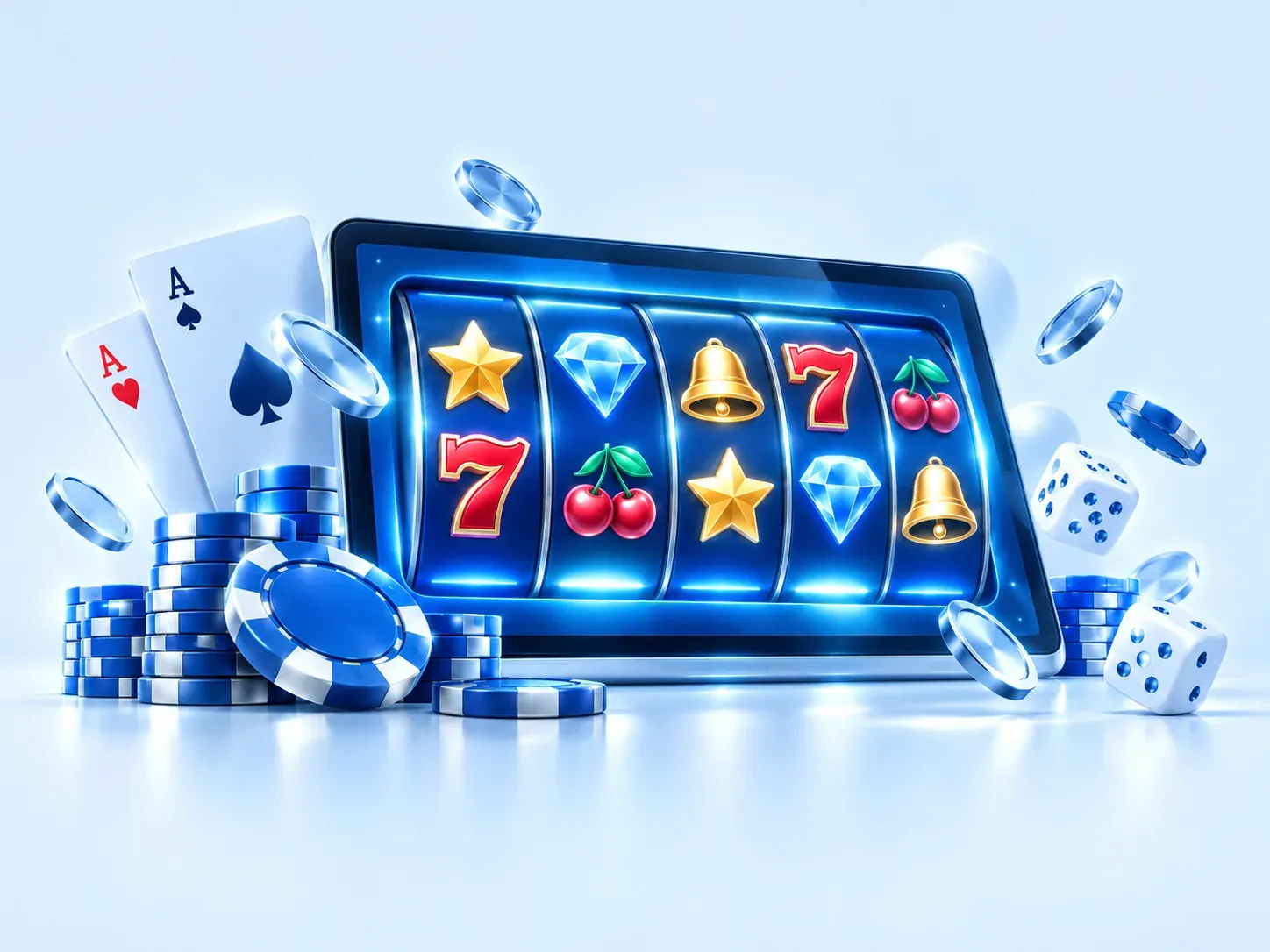 Video slots banner: slot machine screen with chips, cards and dice