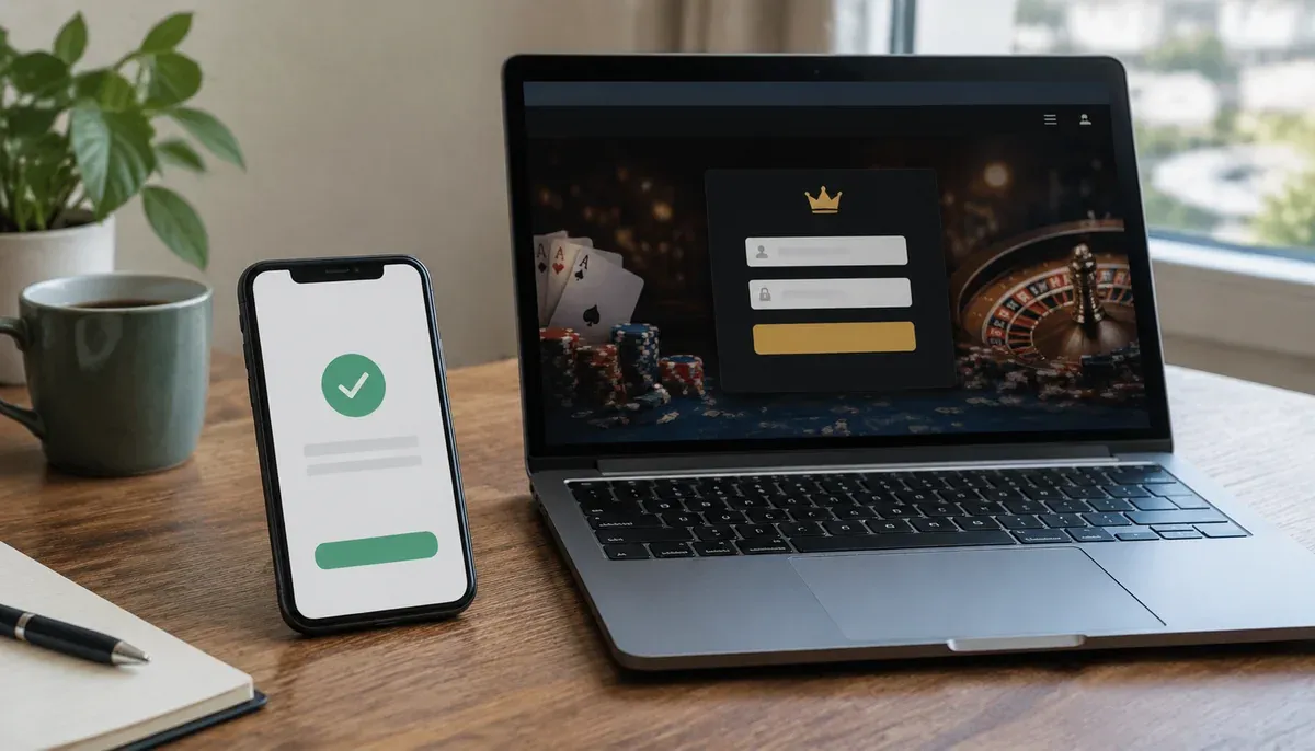 Smartphone with a payment confirmation screen beside a laptop open on a casino login page