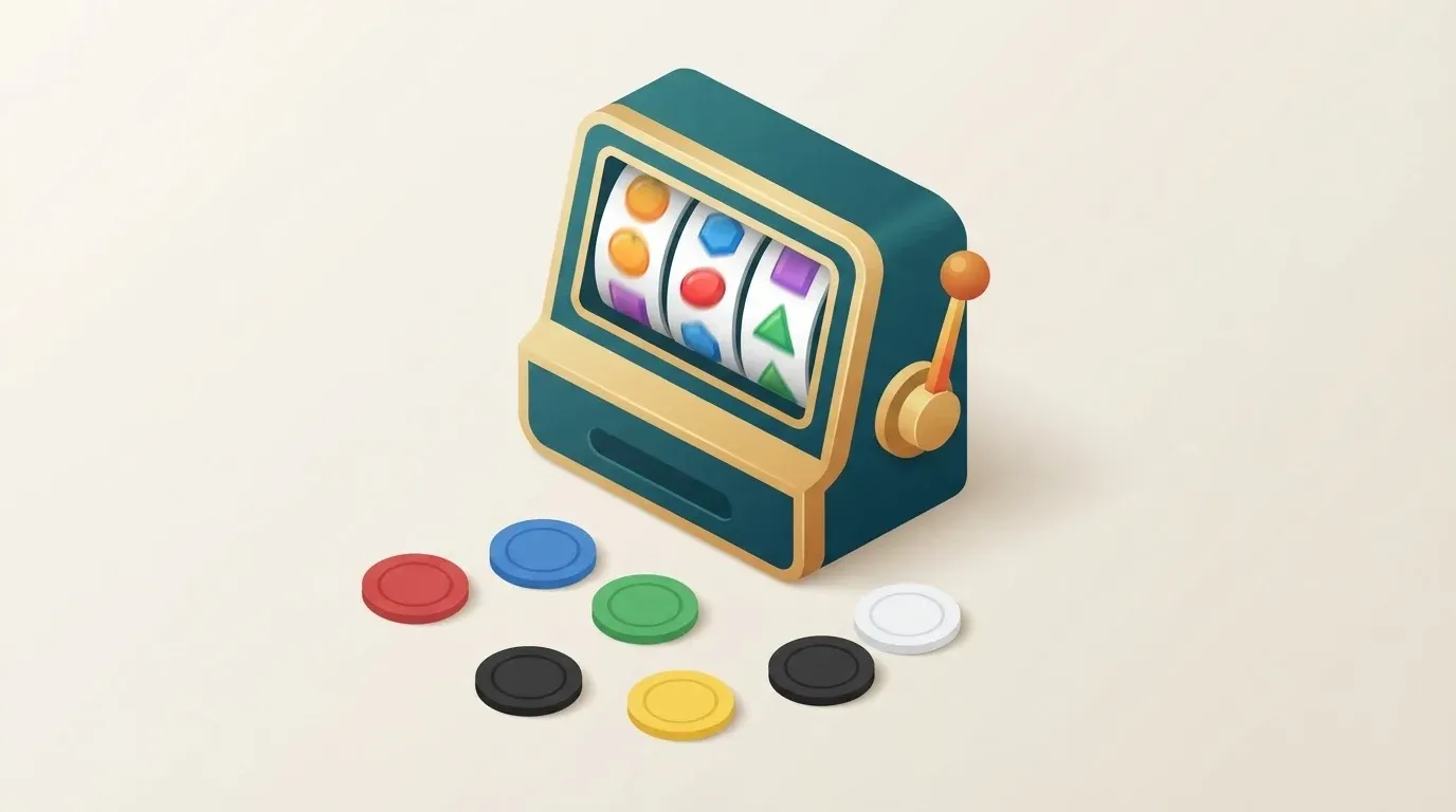isometric slot machine with reel symbols and scattered casino chips