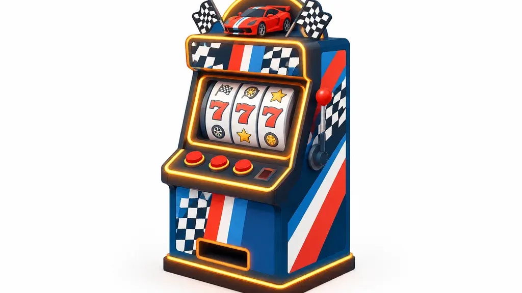 Isometric illustration of a racing-themed slot machine with a toy sports car and checkered flags