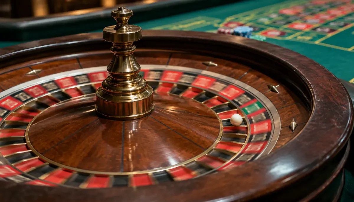 Close-up of a European roulette wheel with the ball settling into a numbered pocket