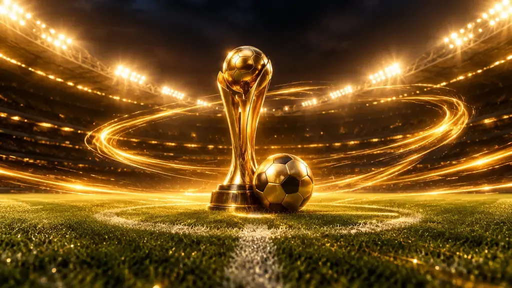 Golden football trophy and ball glowing on a floodlit stadium pitch at night