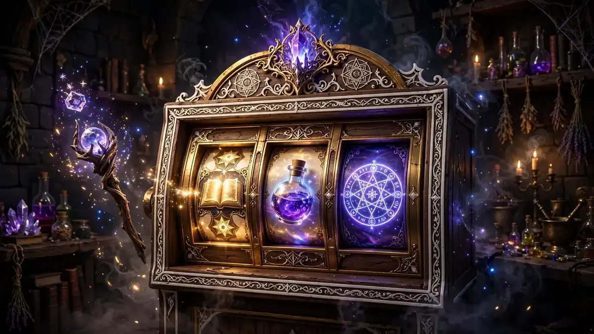 Wizard slot machines fantasy cabinet glowing with runes in a tower
