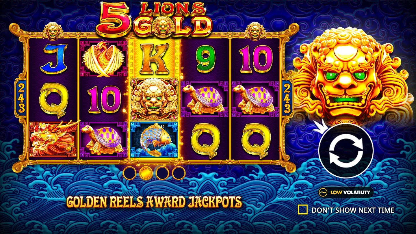 5 Lions Gold slot intro screen with golden lion head and jackpot reels
