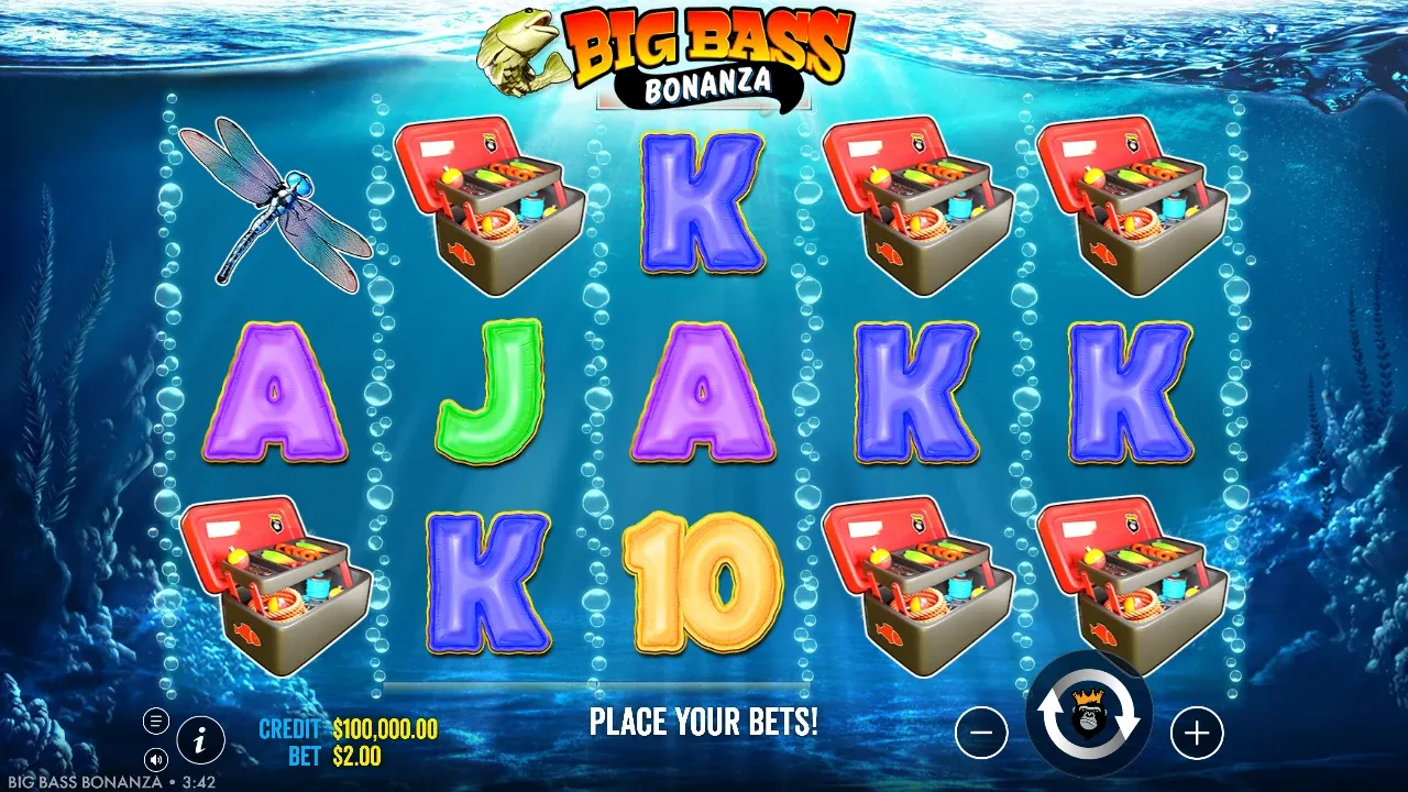 Big Bass Bonanza slot reels with tackle boxes and card symbols underwater