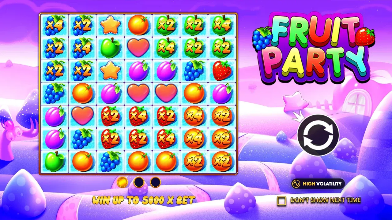 Fruit Party slot seven by seven grid with fruit symbols and multipliers