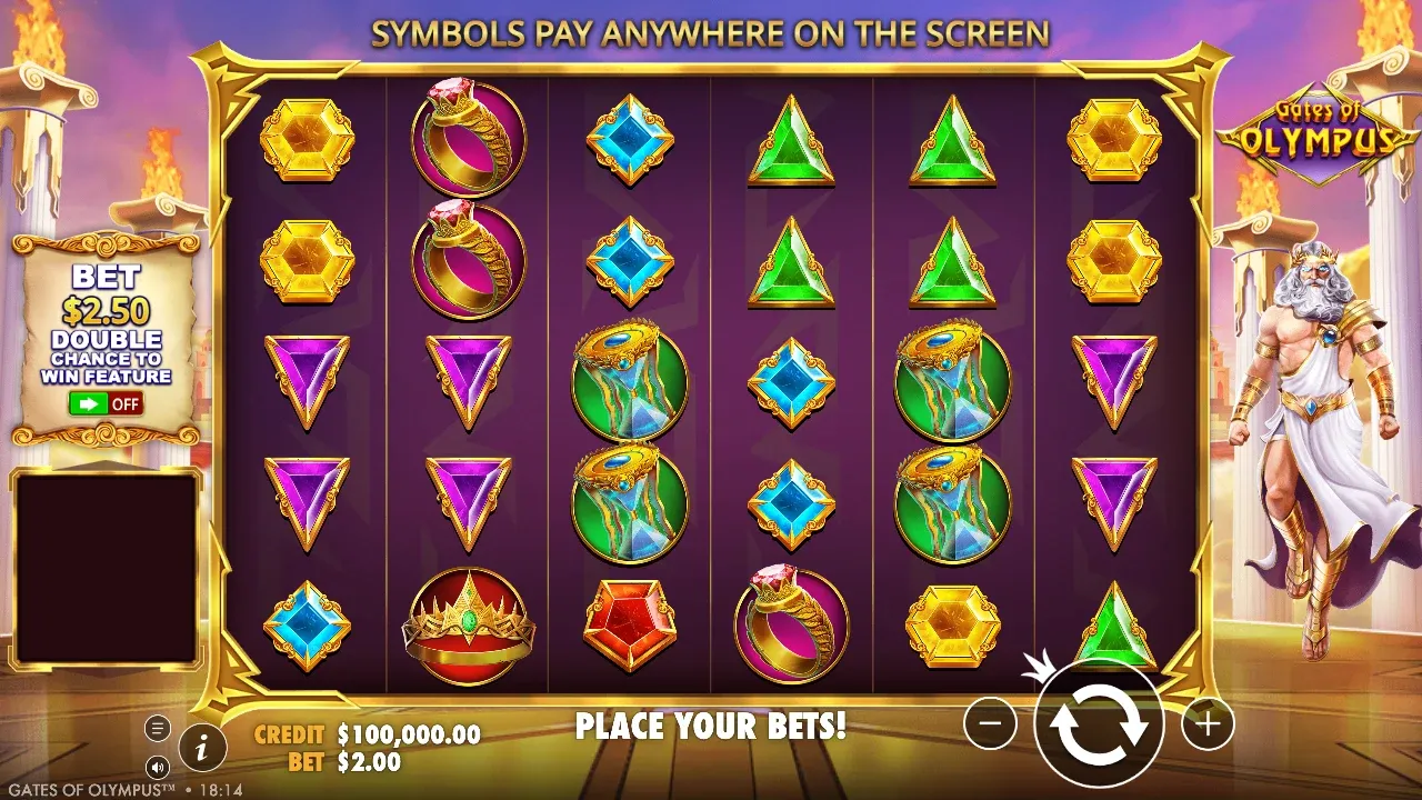 Gates of Olympus slot six reel grid with gem symbols and Zeus