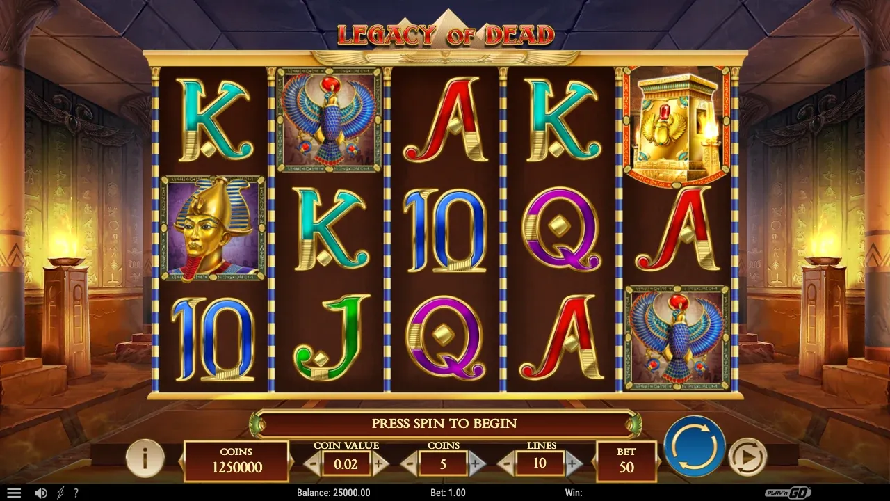 Legacy of Dead slot reels with pharaoh and Egyptian symbols