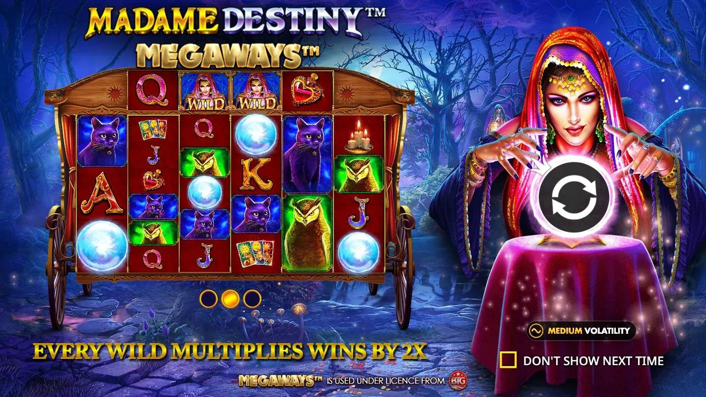 Madame Destiny Megaways slot intro screen with fortune teller and crystal ball