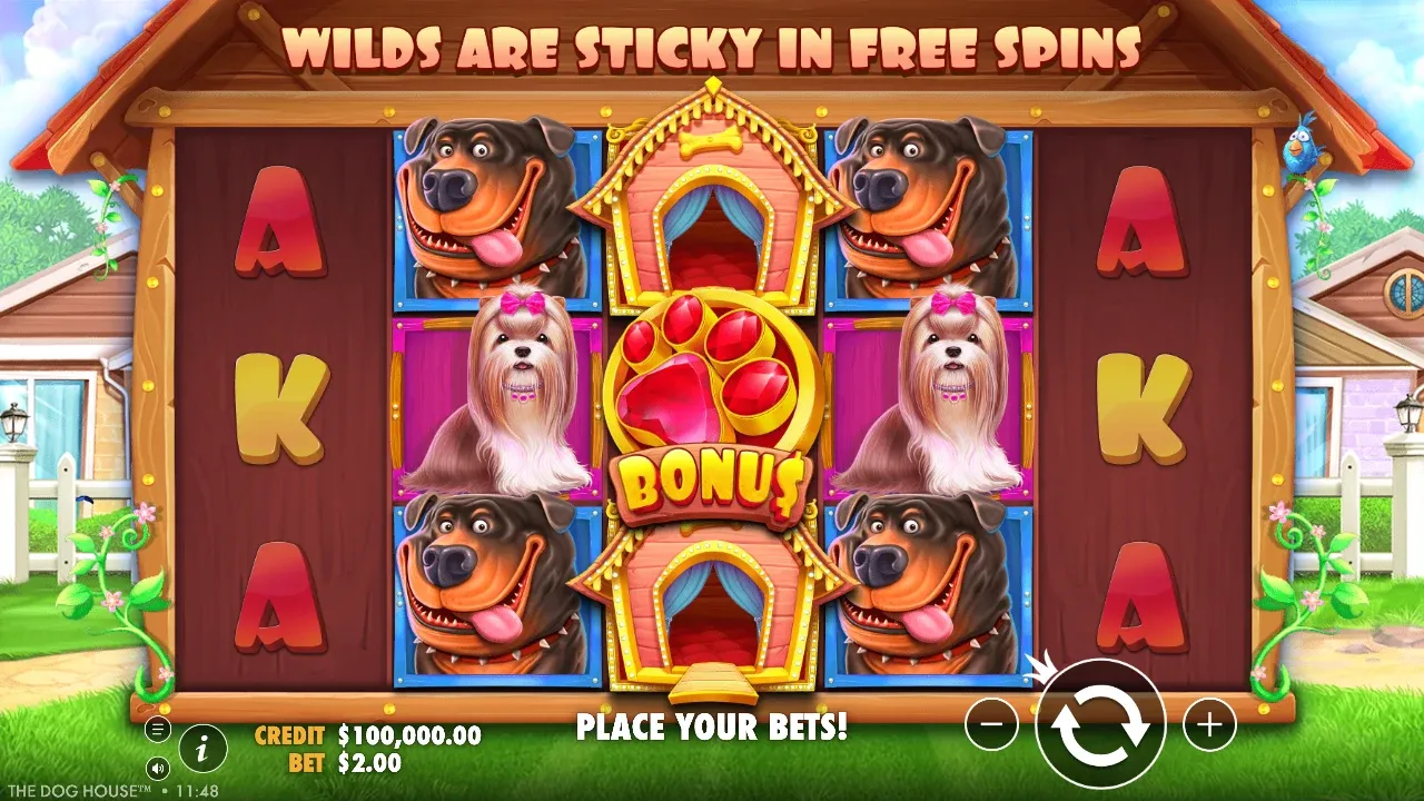 The Dog House slot reels with dog symbols and a bonus paw symbol