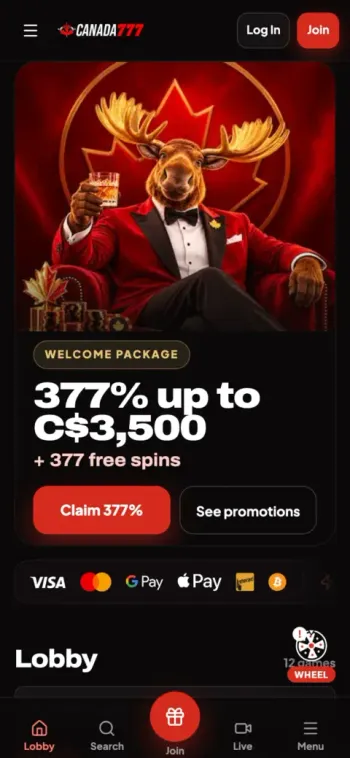 Canada777 Casino Mobile Lobby Screenshot