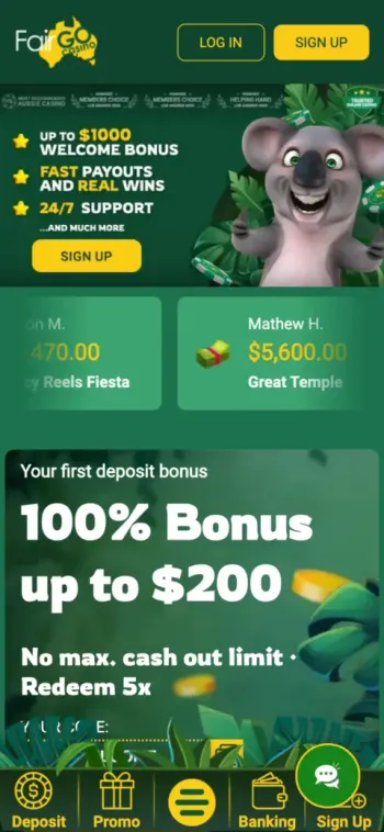 Fair Go Casino Mobile Home Page Screenshot