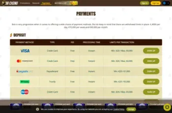 Bob Casino Payments Page Screenshot