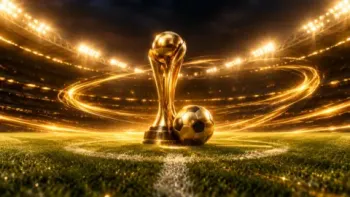 Golden football trophy and ball glowing on a floodlit stadium pitch at night