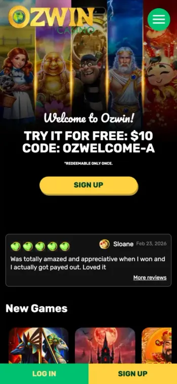 Ozwin Casino Mobile Home Page Screenshot