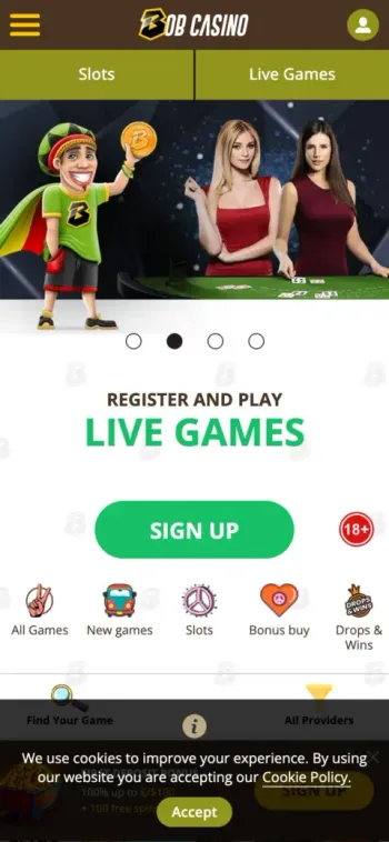 Bob Casino Mobile Lobby Screenshot