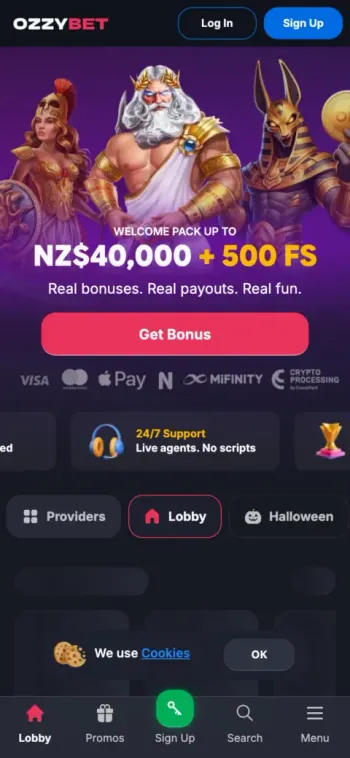 Ozzybet Casino Mobile Home Page Screenshot