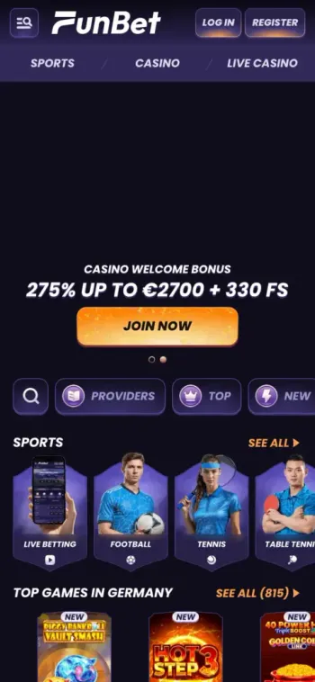 Funbet Casino Mobile Home Page Screenshot