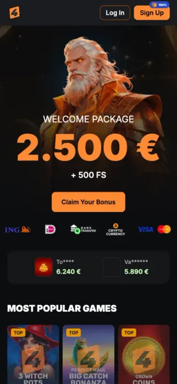 Bet4star Casino Mobile Welcome Page Screenshot