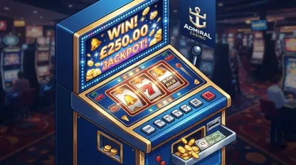 Admiral Casino online gaming interface showing classic fruit machine symbols with golden bells, red sevens, lucky bars, and digital slot reels in isometric 3D perspective