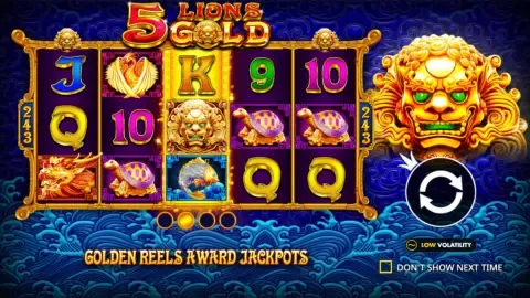 5 Lions Gold slot intro screen with golden lion head and jackpot reels