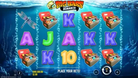Big Bass Bonanza slot reels with tackle boxes and card symbols underwater