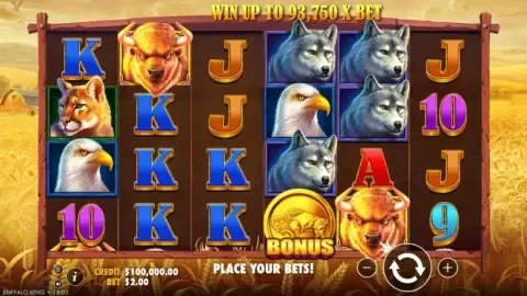 Buffalo King slot reels with buffalo, wolf and eagle symbols on a prairie