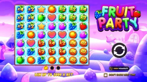 Fruit Party slot seven by seven grid with fruit symbols and multipliers