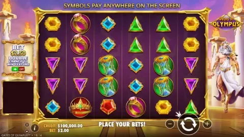 Gates of Olympus slot six reel grid with gem symbols and Zeus