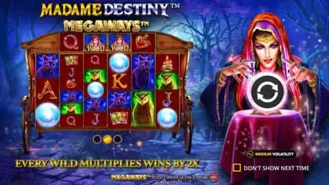 Madame Destiny Megaways slot intro screen with fortune teller and crystal ball