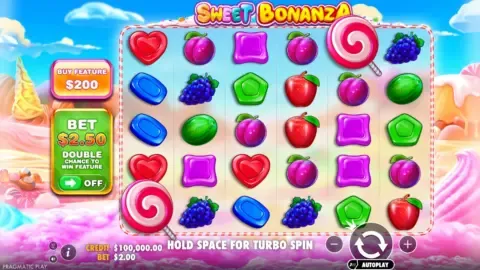Sweet Bonanza slot six by five grid with candy and fruit symbols and lollipop scatters