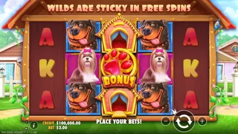 The Dog House slot reels with dog symbols and a bonus paw symbol