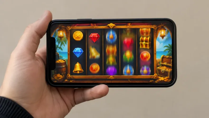 Smartphone held in hand showing a real-money slot app with colourful reels