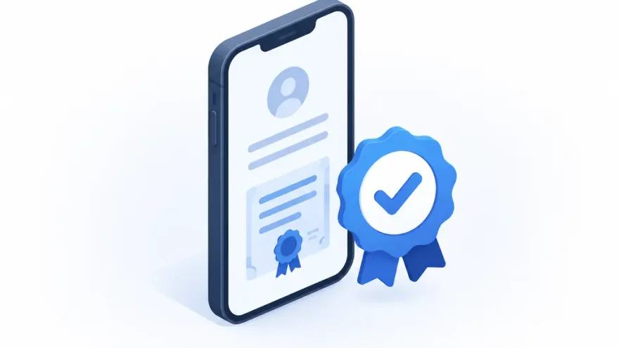 Phone displaying account details next to a certified license badge