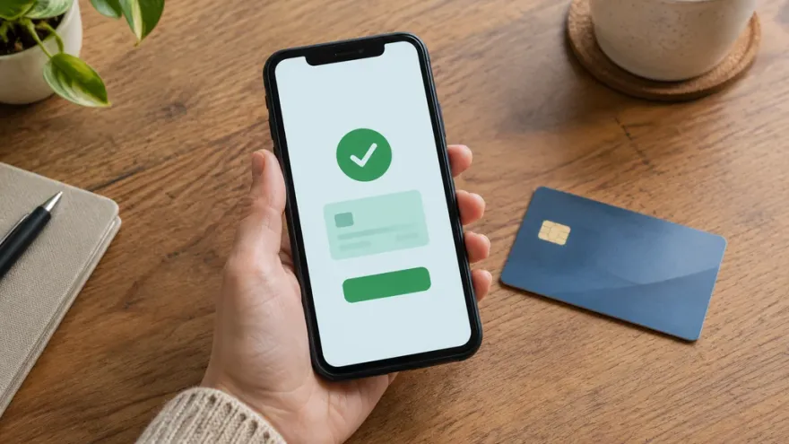 Hand holding a phone showing a confirmed mobile deposit next to a bank card