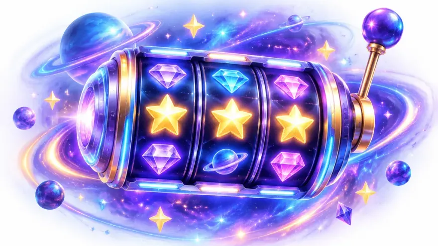 Glowing cosmic slot machine reel with nebula background and neon sci-fi symbols